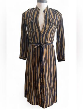 Banana Republic Long Sleeve Zebra-Stripe Shirt Dress in Black and Brown